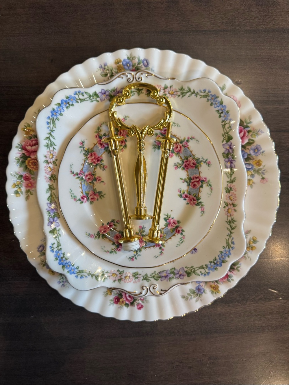 Royal Albert-Roslyn-Royal-Kent Floral Porcelain Plates Gold Handle Dessert Stand